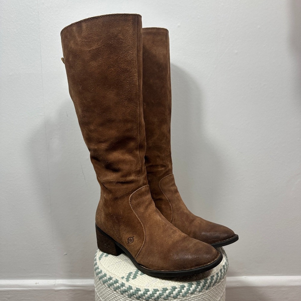 Born Felicia Leather Knee High Boots Brown Distressed Suede Lace Back Women 9.5
